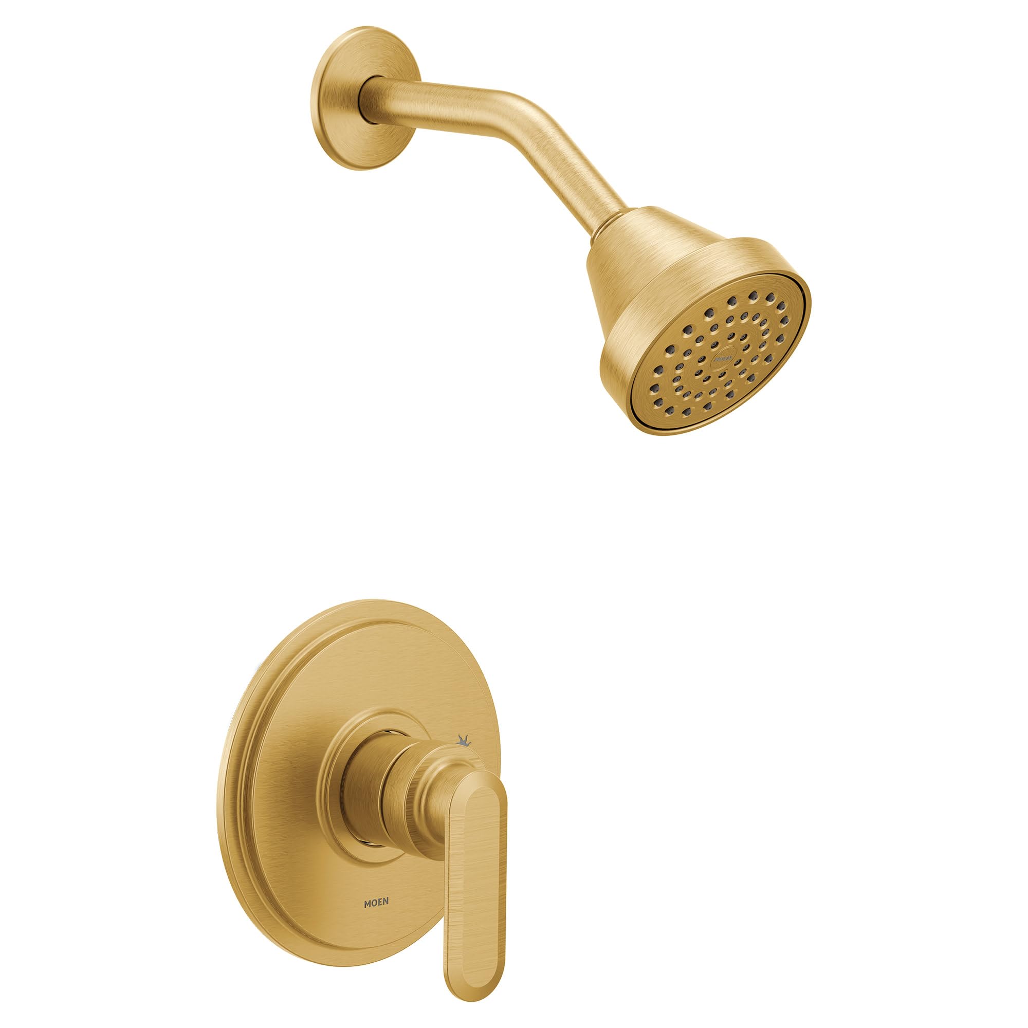 Brushed gold shower trim with single lever handle and round showerhead with perforated face.