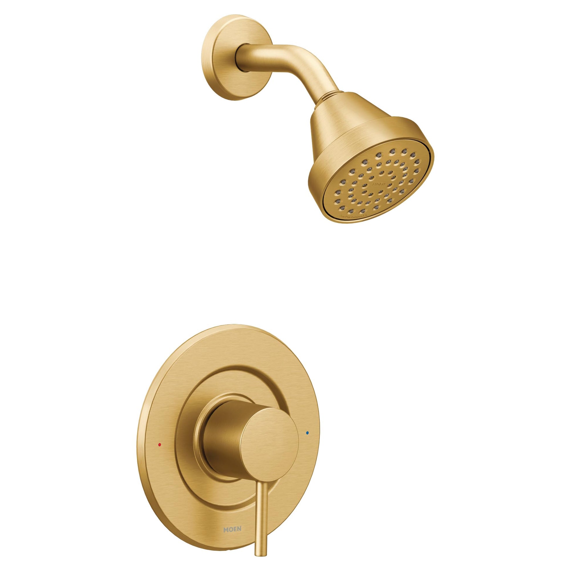 Brushed gold shower trim kit with round showerhead and wall-mounted control valve.