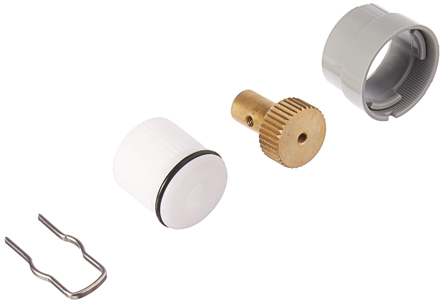 Chrome and brass plumbing repair parts including white cylindrical components, brass gear, chrome ring, and metal clips.