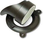 Metallic nozzle with white interior and black plastic escutcheon ring with mounting holes.