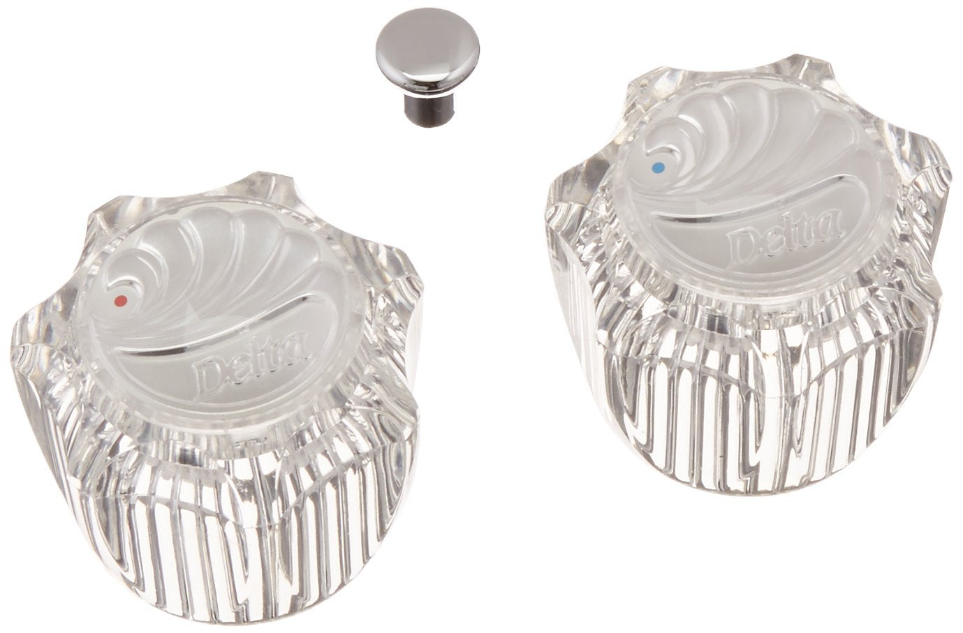 Two clear ribbed knob handles with Delta branding and a chrome knob cap with temperature indicator dot.