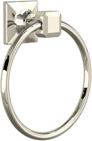 Polished nickel towel ring with square wall mount and curved oval ring form.