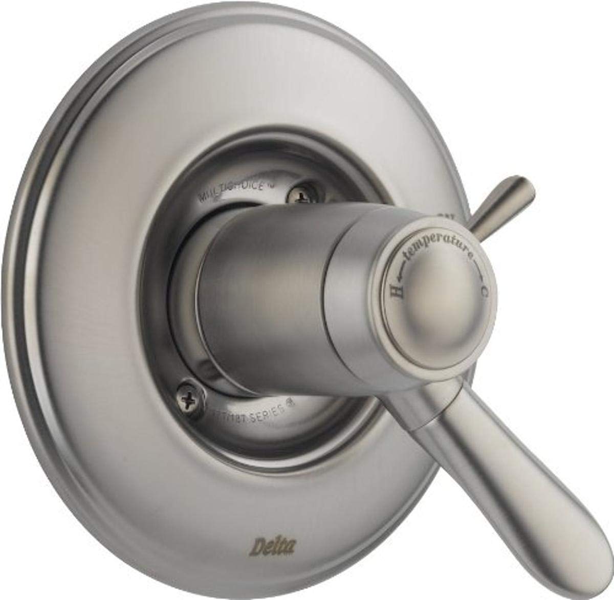 Brushed nickel shower valve trim with single lever handle and circular escutcheon plate.