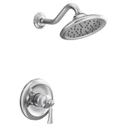 Chrome shower trim kit with single handle lever valve and overhead showerhead with perforations.