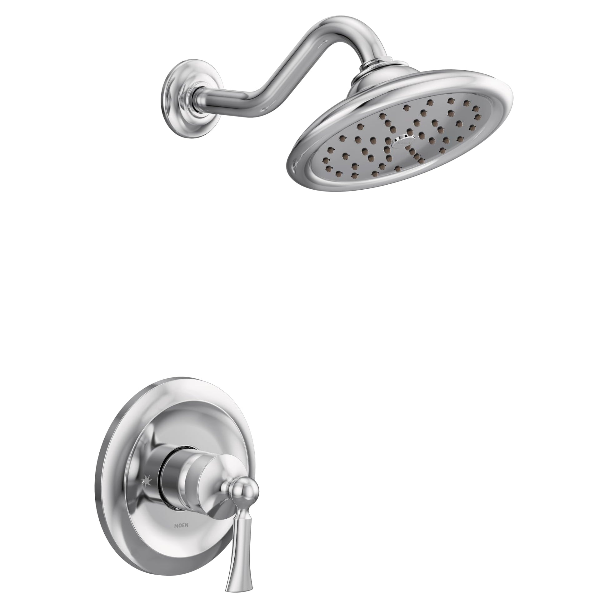 Chrome shower trim kit with single handle lever valve and overhead showerhead with perforations.