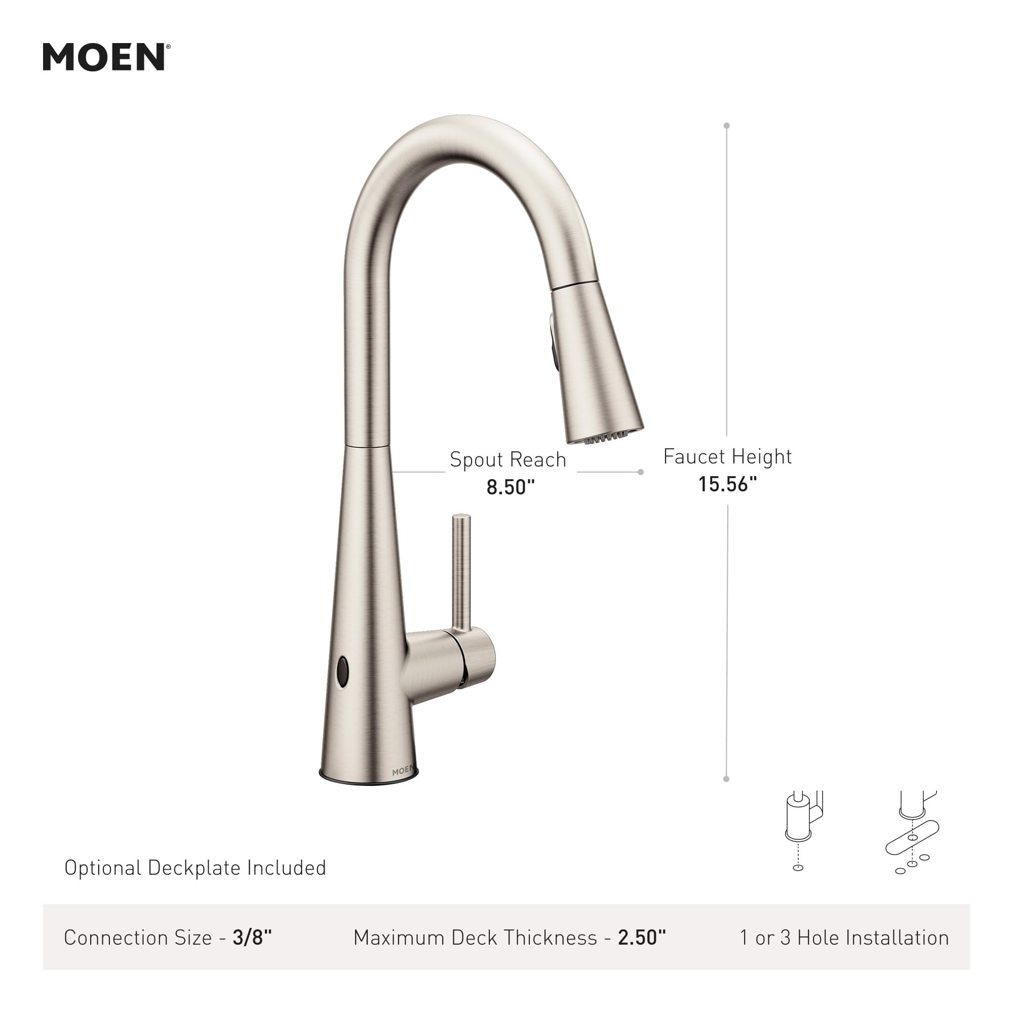 Moen stainless steel pull-down kitchen faucet with curved spout and touchless sensor on base.