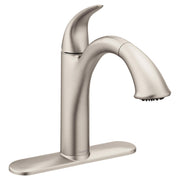 Stainless steel kitchen faucet with curved spout, pullout spray head, single handle, and wide base.