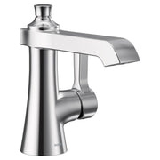 Chrome single-handle bathroom faucet with curved spout and cylindrical body on white background.