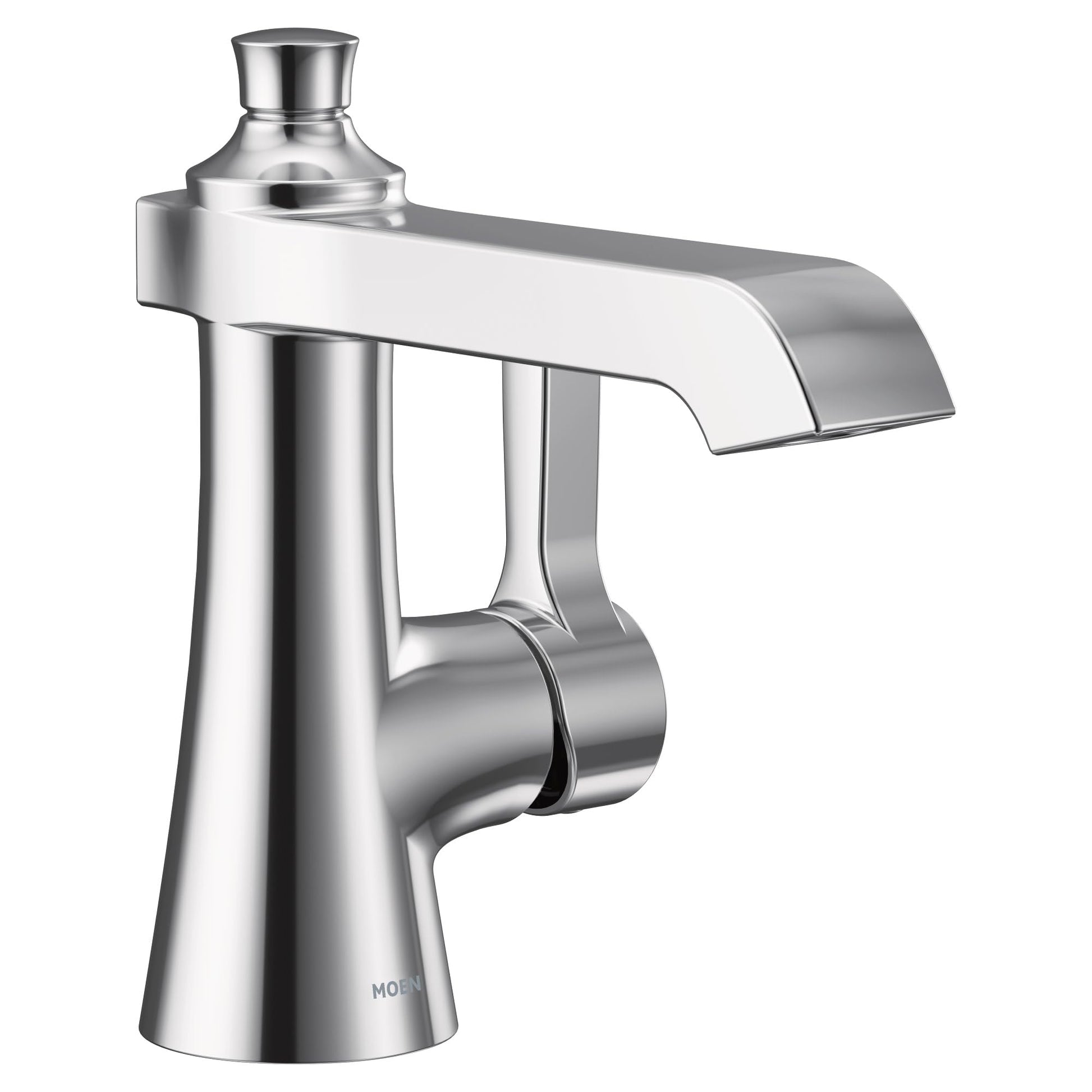Chrome single-handle bathroom faucet with curved spout and cylindrical body on white background.