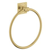Brushed gold circular towel ring with square wall mount and Grohe branding on connector.