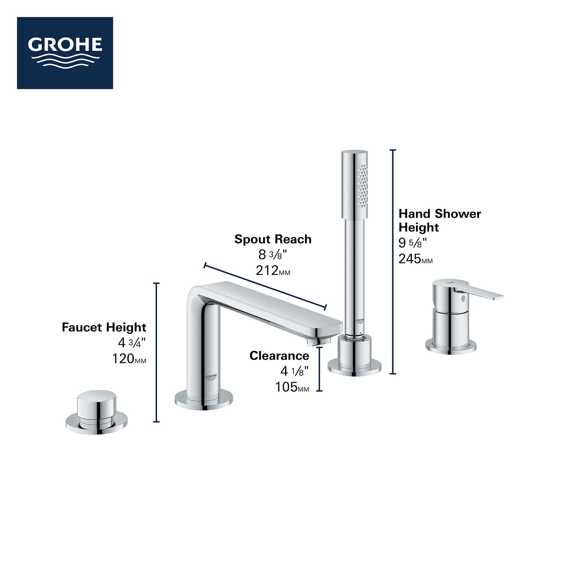 Grohe Lineare brushed chrome 4-hole roman tub faucet with tall hand shower and single handle control.