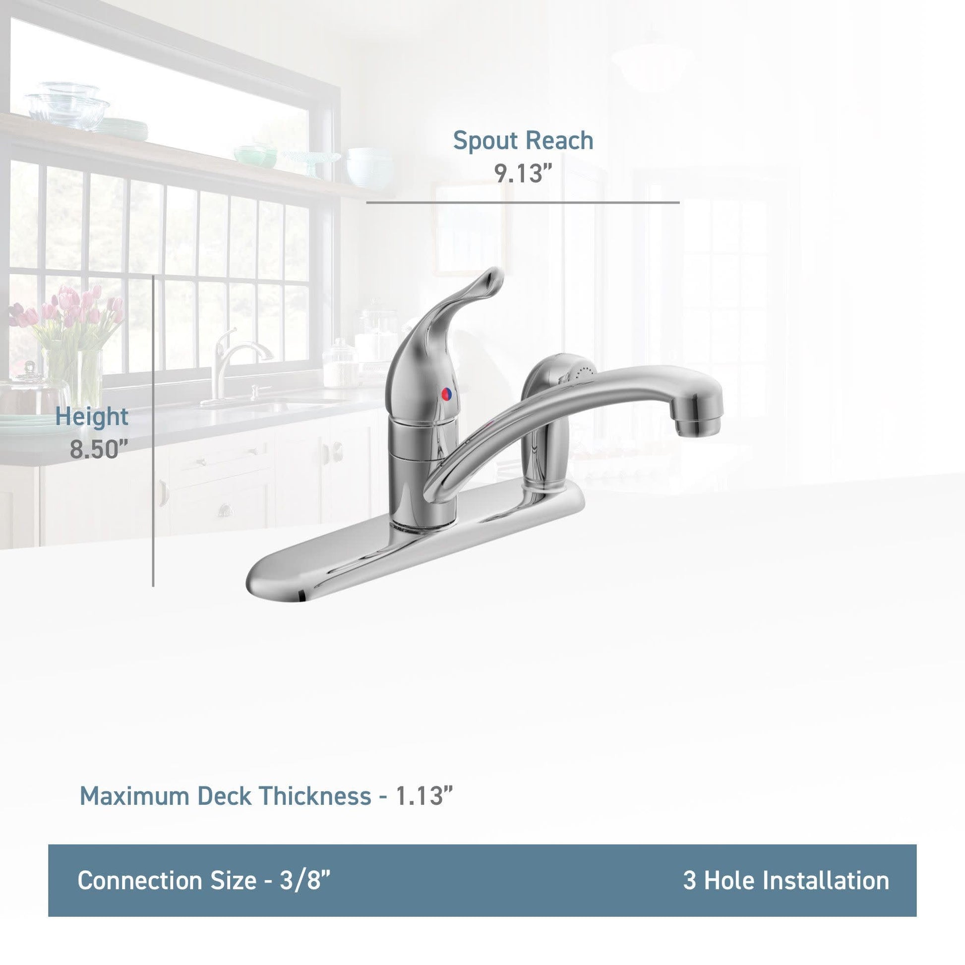 Chrome single-handle kitchen faucet with curved spout and lever handle, 8.50" height, 9.13" spout reach.