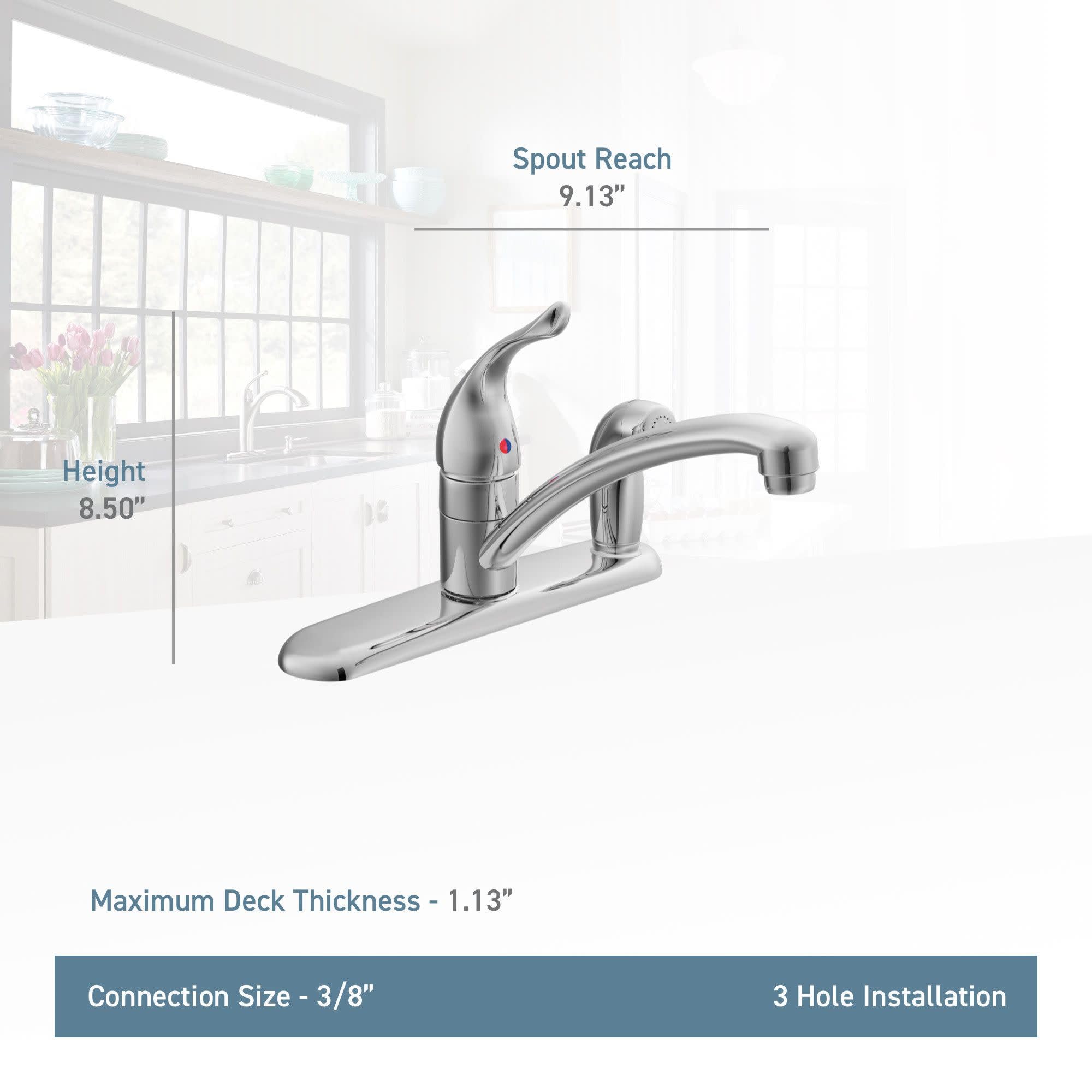 Chrome single-handle kitchen faucet with curved spout and lever handle, 8.50" height, 9.13" spout reach.