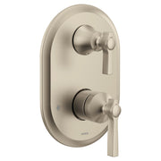 Brushed nickel shower trim with two handles and oval escutcheon plate for wall mounting.