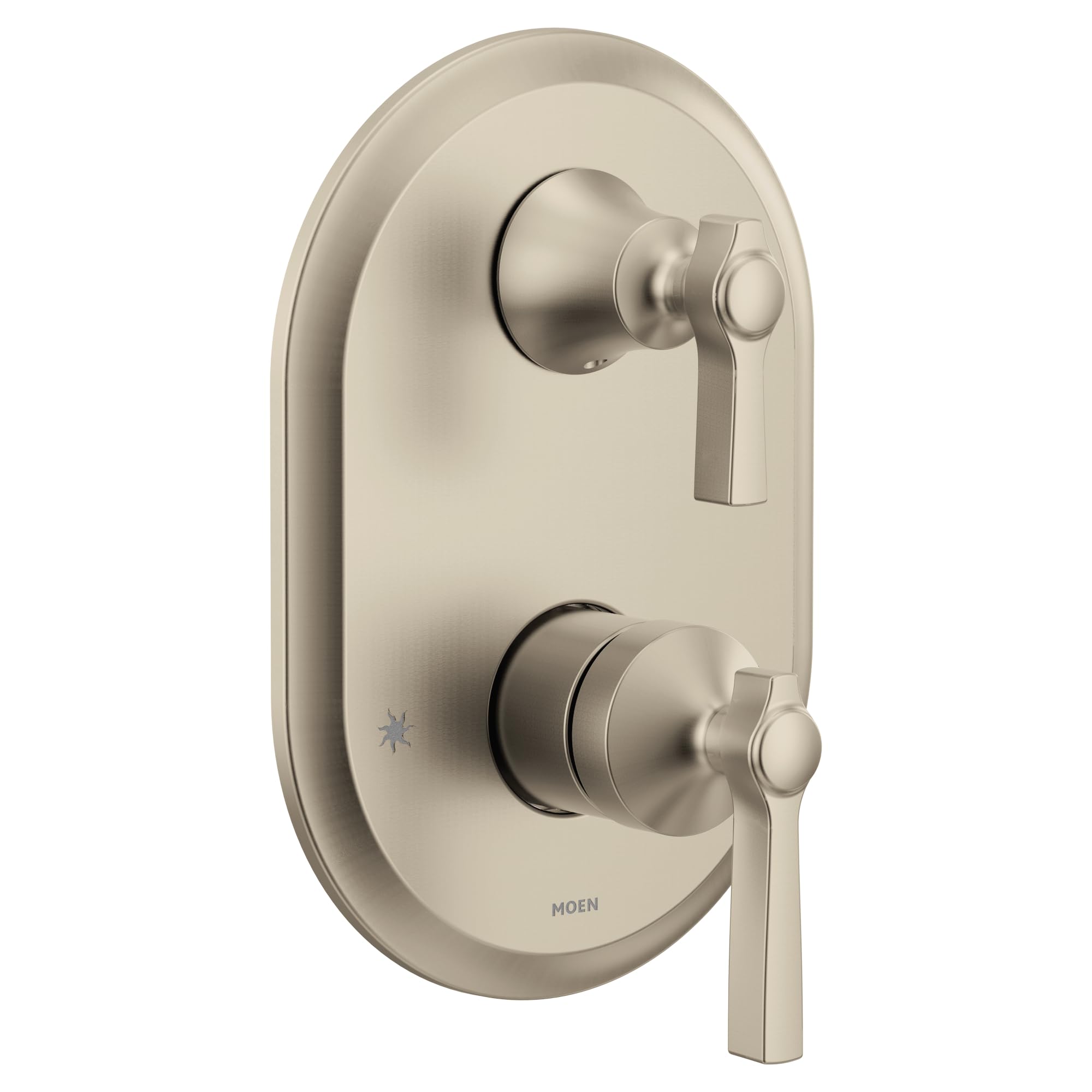 Brushed nickel shower trim with two handles and oval escutcheon plate for wall mounting.