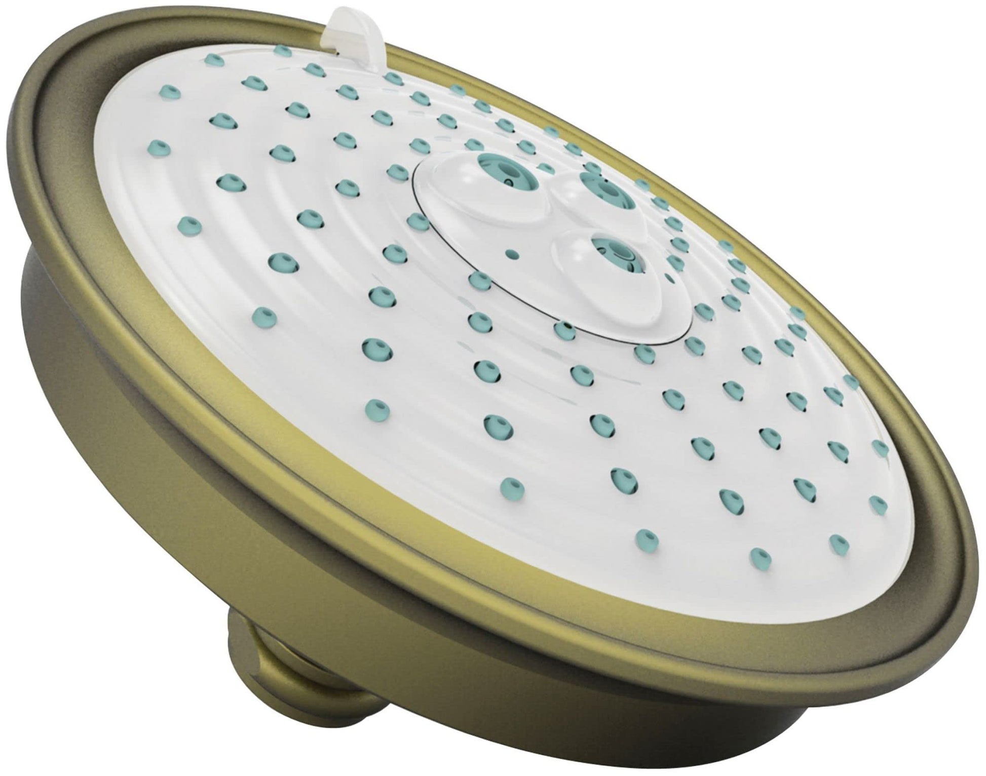 Antique brass shower head with white face plate featuring multiple spray jets and center control dial.