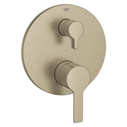 Brushed nickel pressure balance valve trim with two rounded lever handles and circular backplate, one handle positioned upper