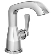 Chrome single-handle bathroom faucet with curved spout and rectangular lever handle.