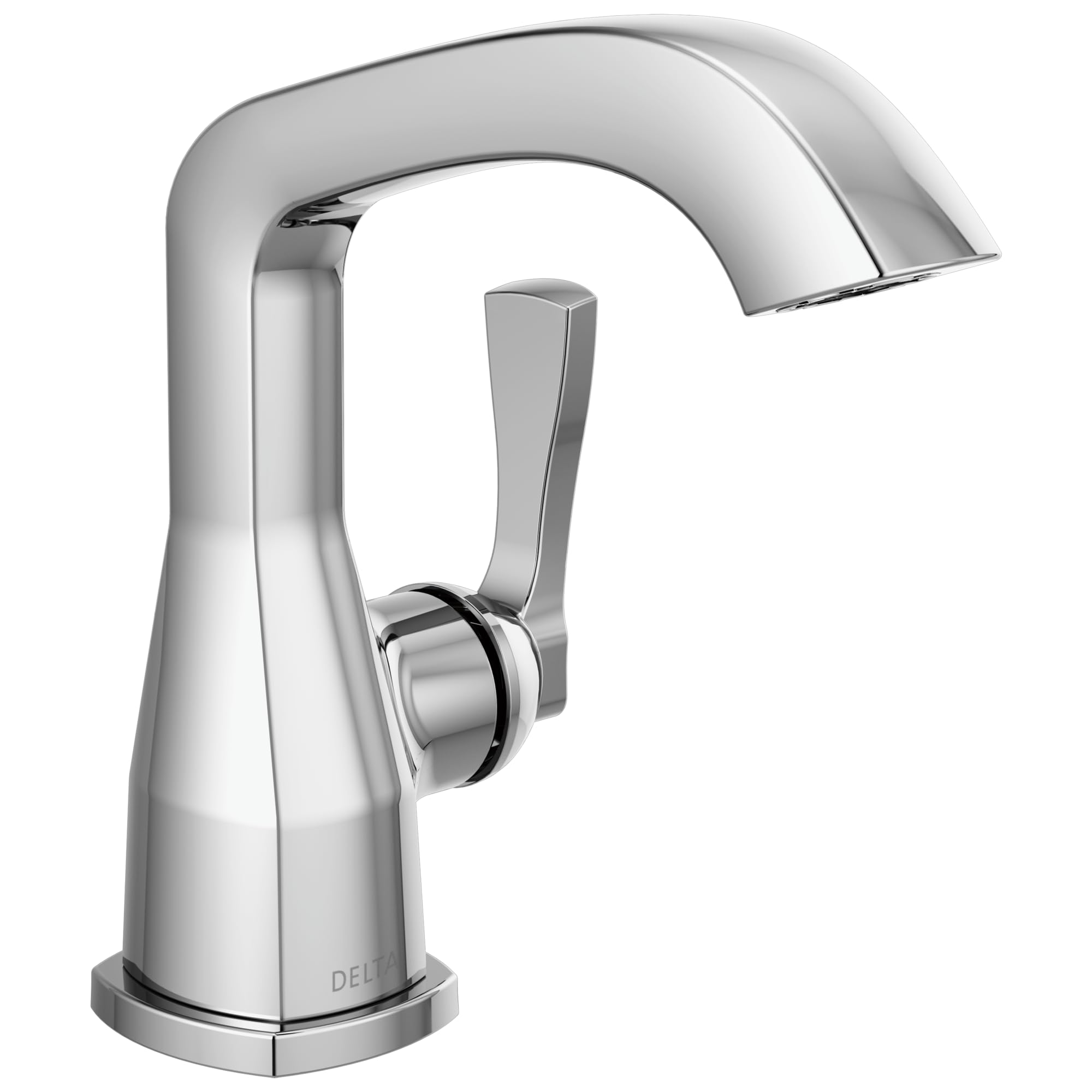 Chrome single-handle bathroom faucet with curved spout and rectangular lever handle.