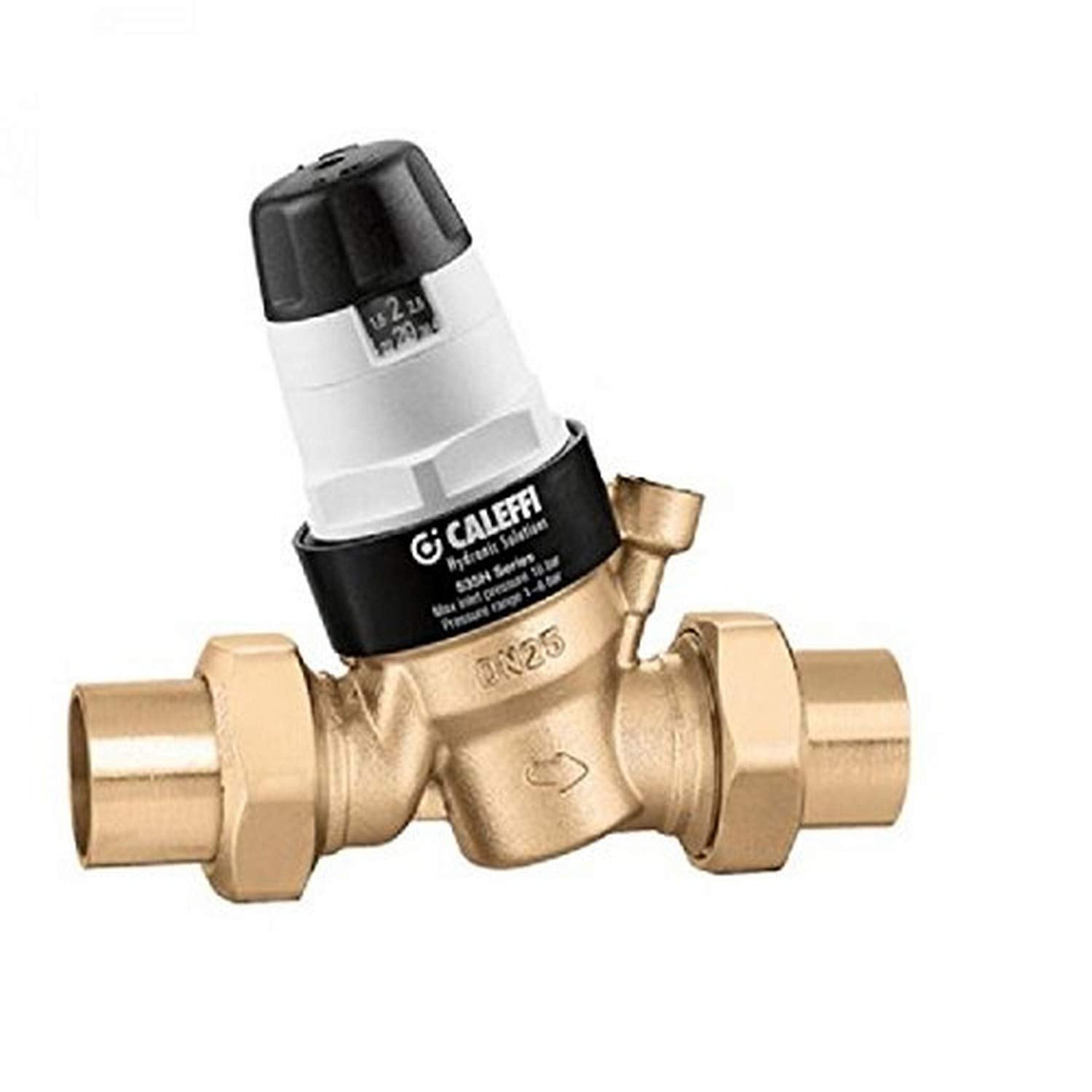 Caleffi brass pressure relief valve with black and white cap and sweat connections on both ends.