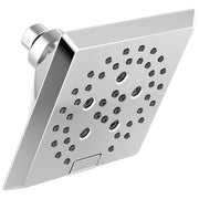 Chrome raincan shower head with angular design and multiple spray nozzles mounted on wall bracket.