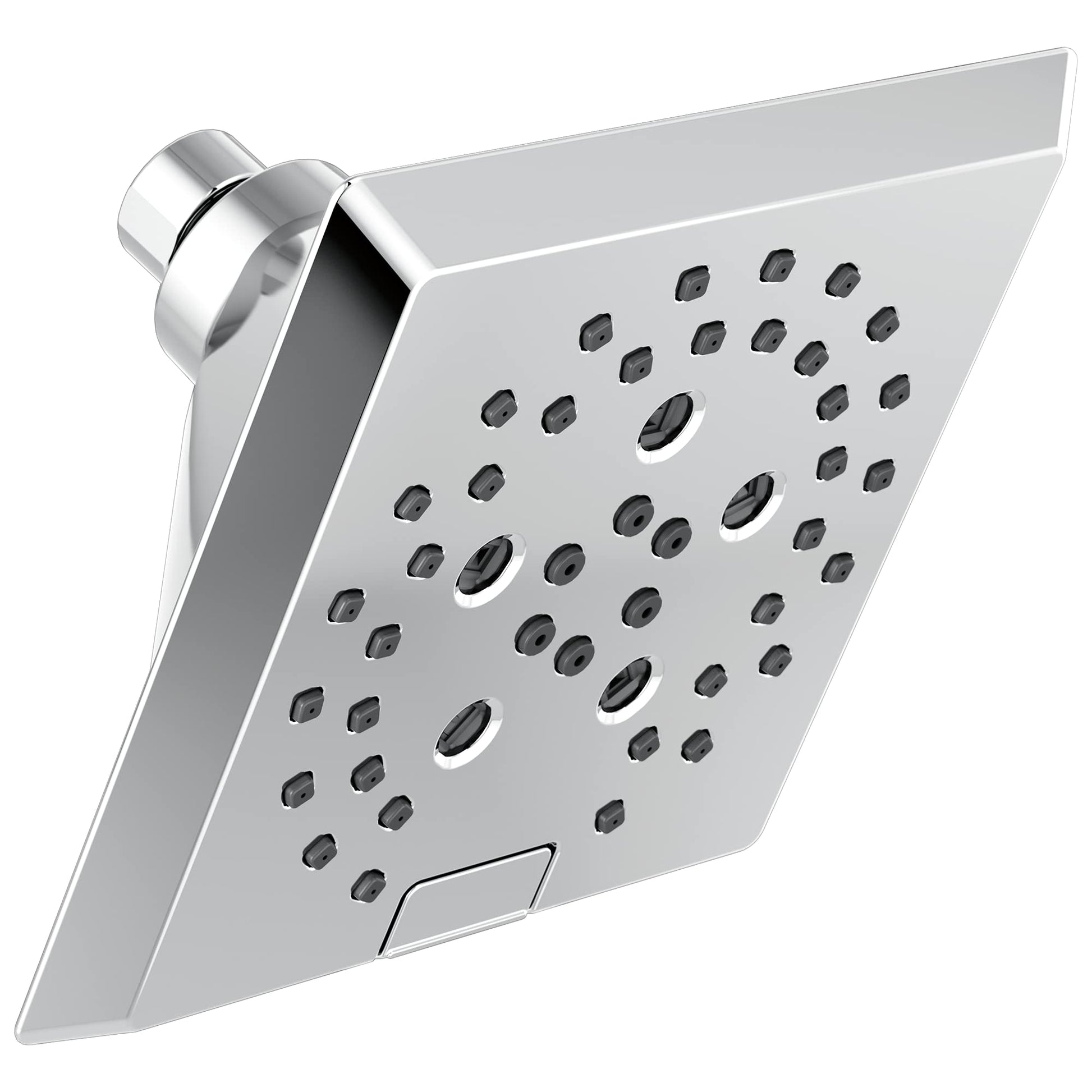 Chrome raincan shower head with angular design and multiple spray nozzles mounted on wall bracket.