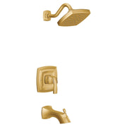 Brushed gold tub and shower trim kit with single handle valve, rectangular showerhead, and tub spout.