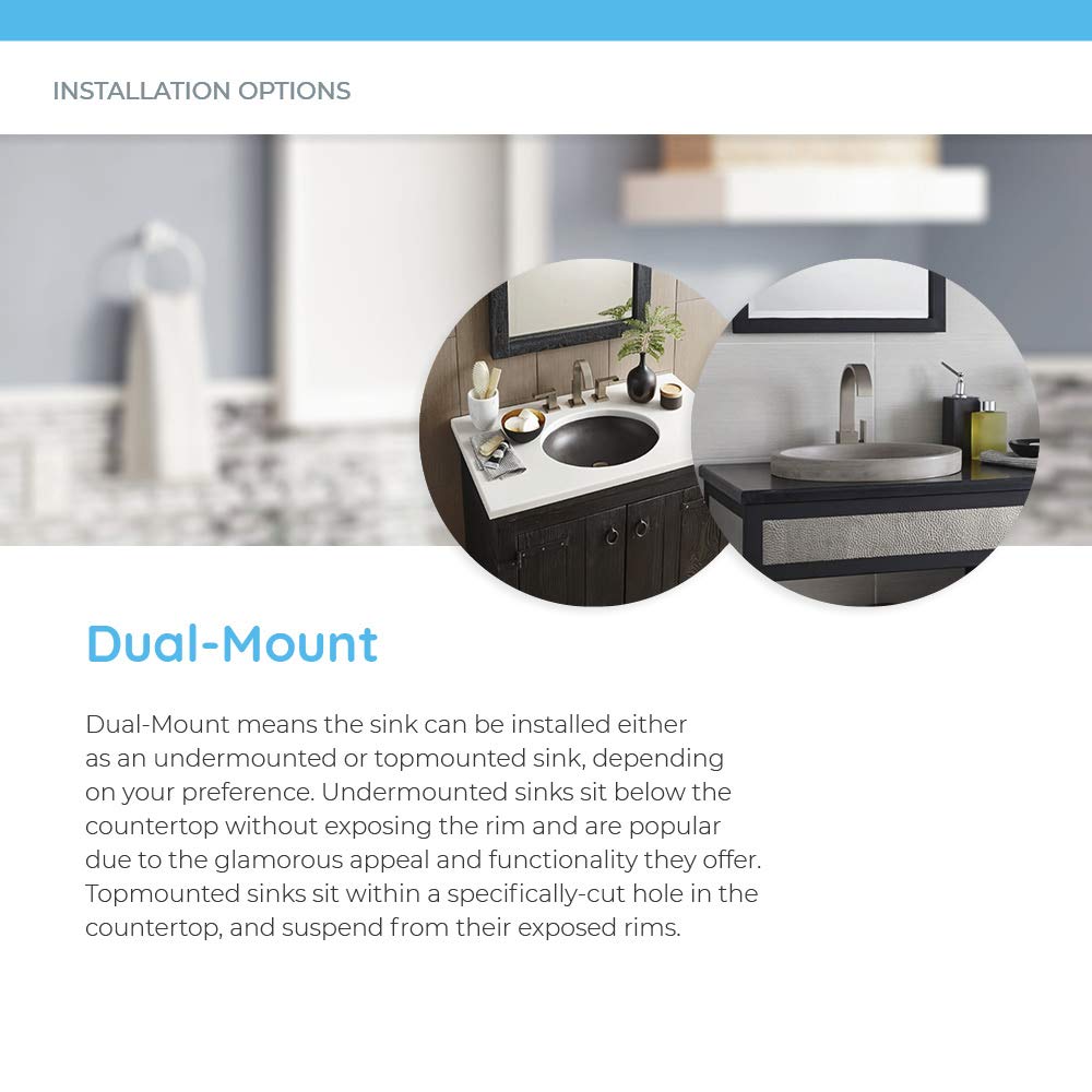 Ash-colored Tolosa bathroom sink shown in two installation configurations: undermounted in dark vanity and topmounted on coun