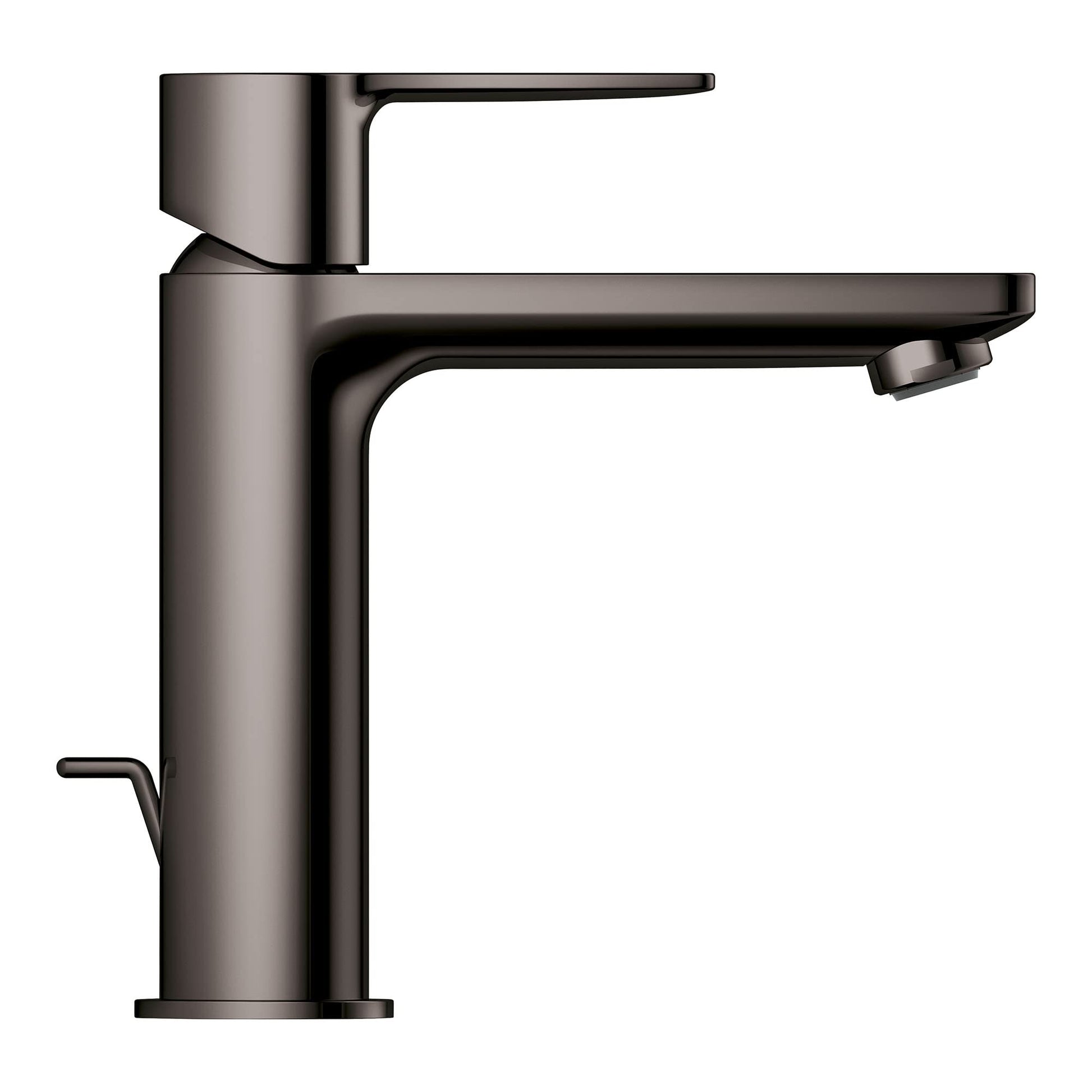 Hard graphite single-handle bathroom faucet with cylindrical body and angular spout design.