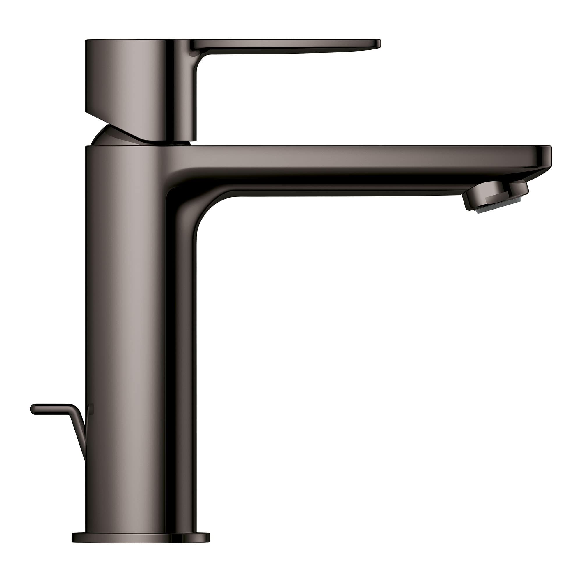 Hard graphite single-handle bathroom faucet with cylindrical body and angular spout design.