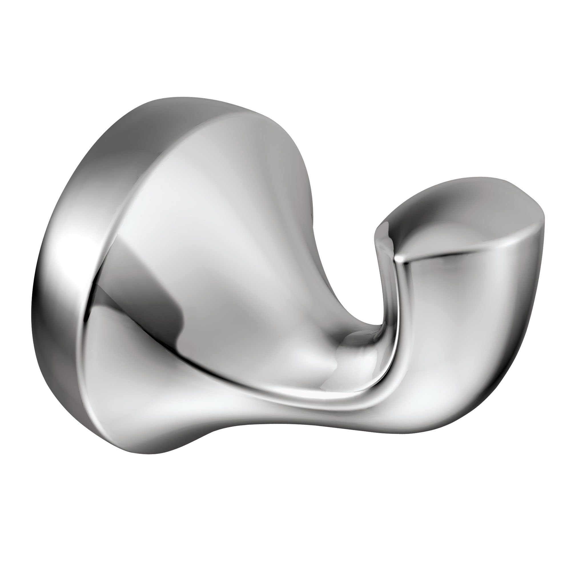 Chrome wall-mount robe hook with curved dual hooks and circular backplate.