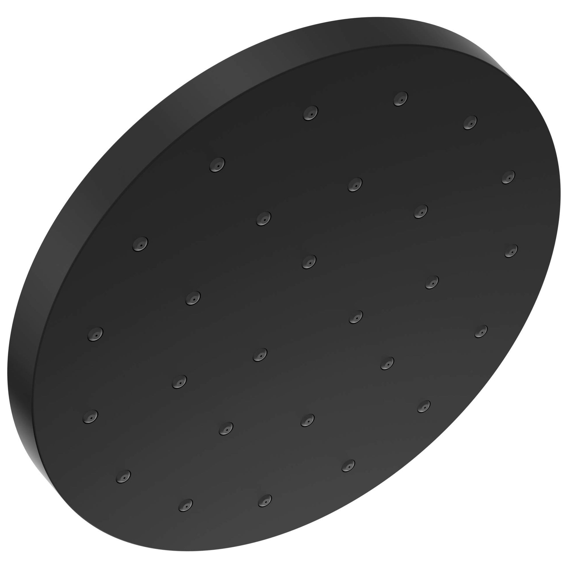 Black round shower head with multiple small spray nozzles distributed across the face.