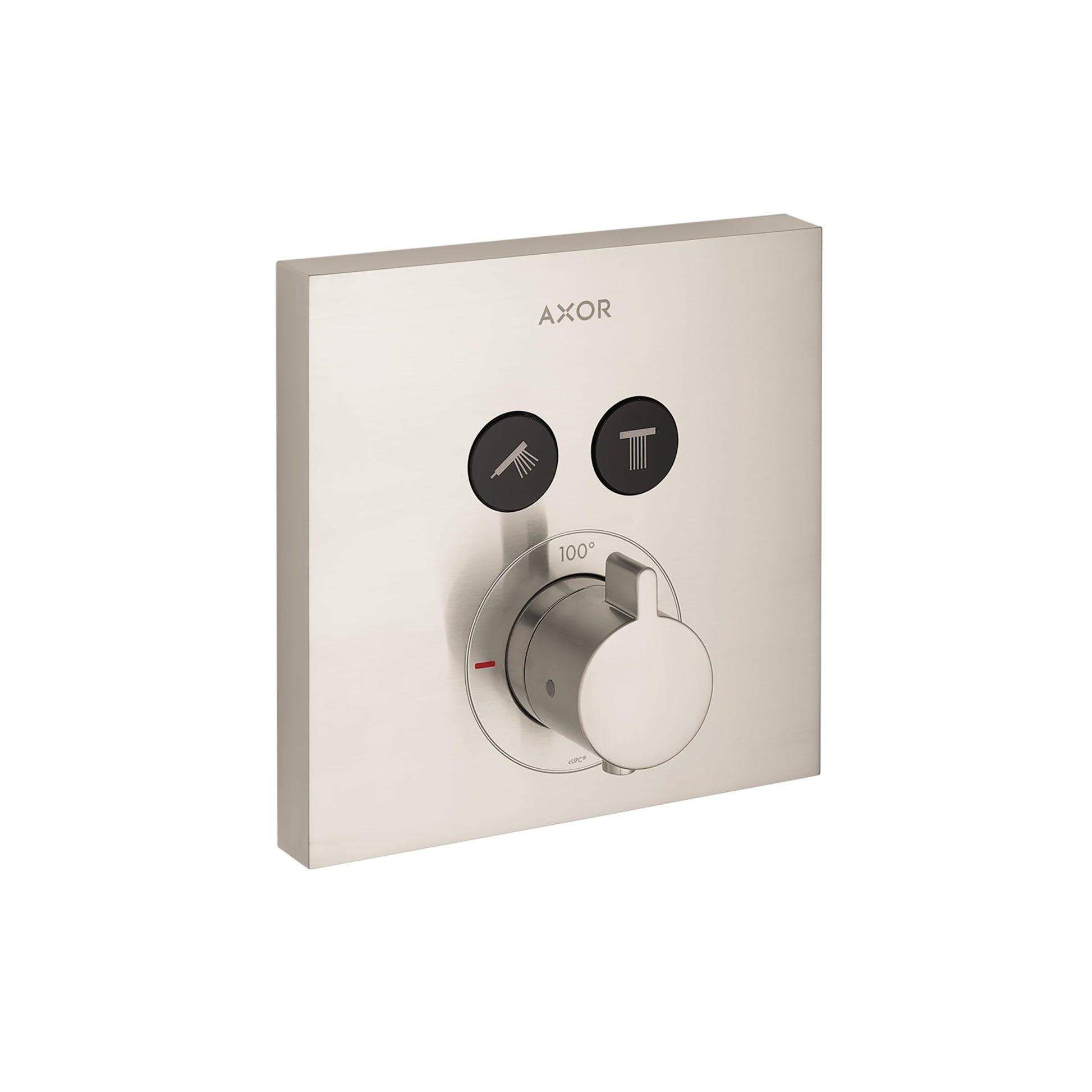 Square brushed nickel shower valve trim with round control dial, two function buttons, and temperature markings.