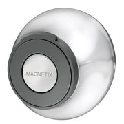 Chrome magnetic cradle with gray and white circular design labeled "MAGNETIX" for showerhead mounting.