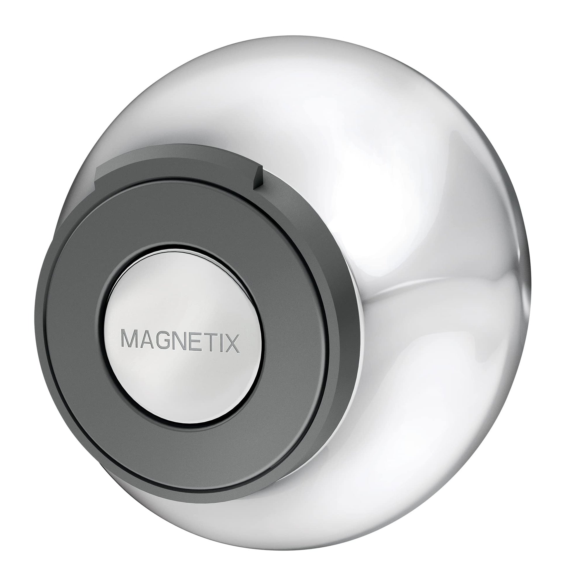 Chrome magnetic cradle with gray and white circular design labeled "MAGNETIX" for showerhead mounting.