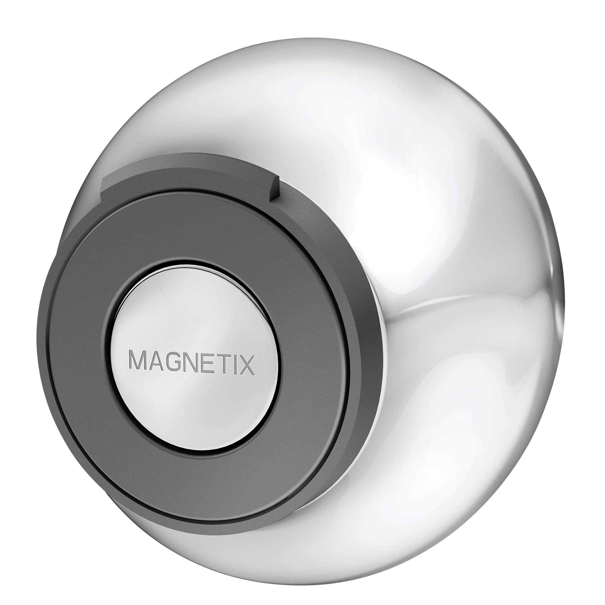 Chrome magnetic cradle with gray and white circular design labeled "MAGNETIX" for showerhead mounting.