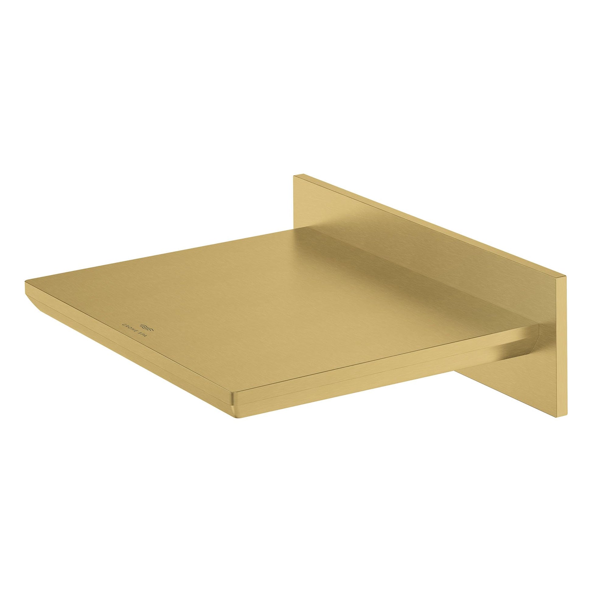 Brushed gold wall-mounted rectangular tub spout with flat overflow opening and angled water delivery.