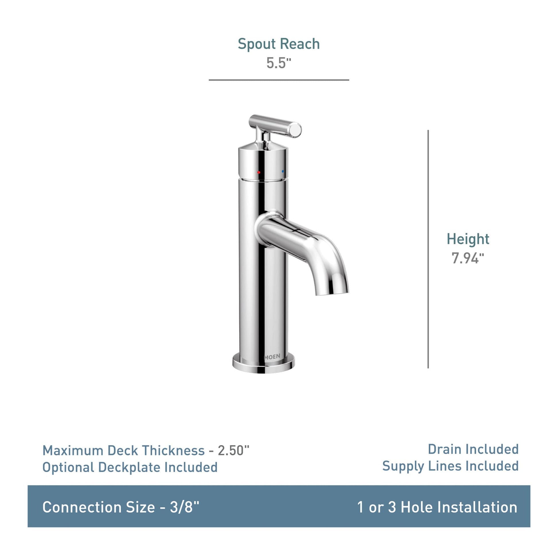 Moen Gibson single-handle bathroom sink faucet in chrome with curved spout, 7.94" height, 5.5" spout reach.