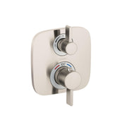 Brushed nickel thermostatic shower valve trim with dual round control handles and temperature dial marked to 100 degrees.