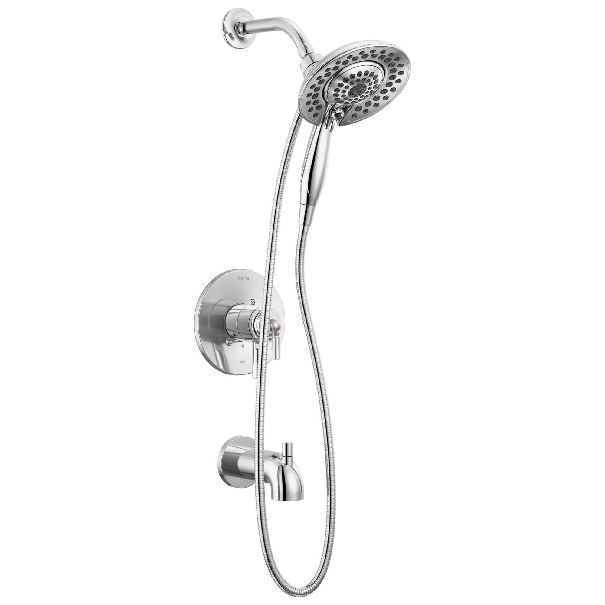 Chrome tub and shower trim with dual showerheads, wall-mounted control valve, and flexible hose.