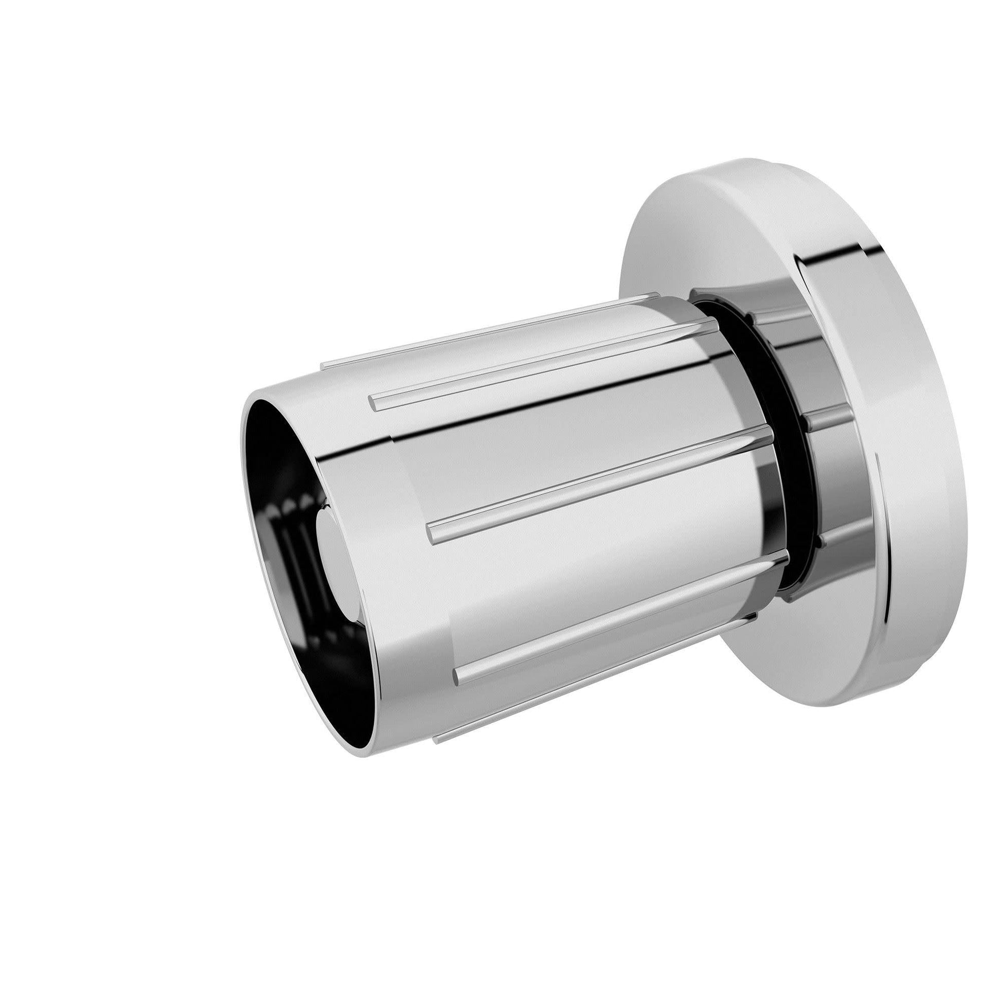 Chrome shower rod flange set with cylindrical connector and circular mounting plate.