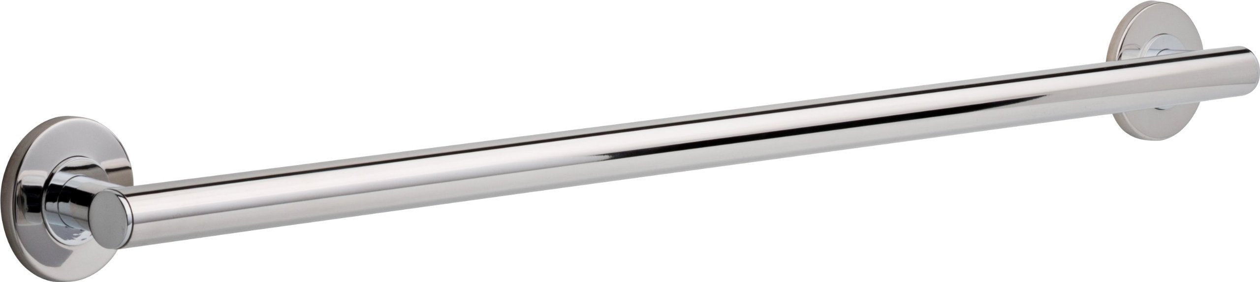 Polished chrome 36-inch grab bar with circular wall mounting flanges on each end.