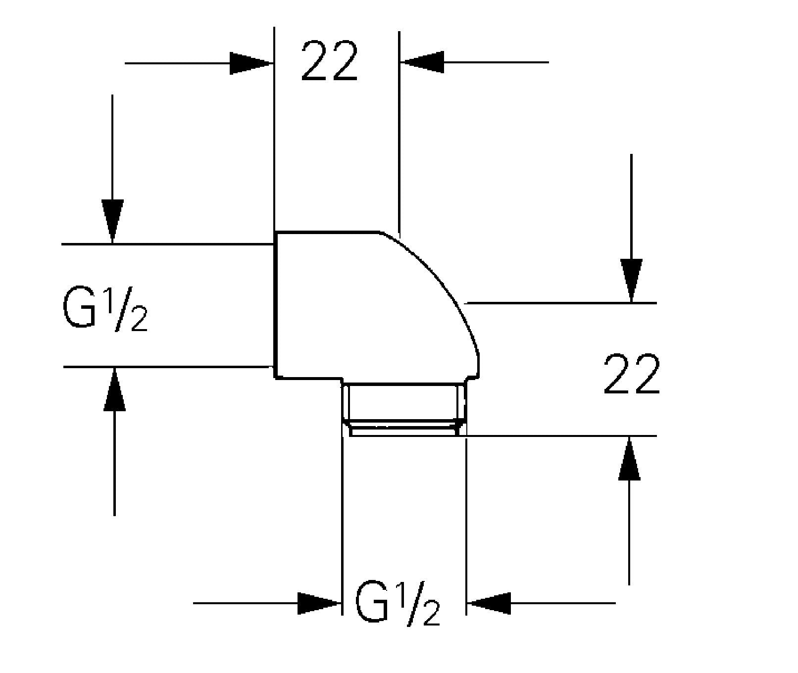 Chrome elbow connector with G1/2 threaded ports for shower valve installation, dimensional schematic shown.