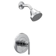 Chrome shower trim kit with single lever handle, round wall plate, curved arm, and round showerhead with spray holes.