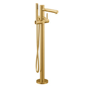 Brushed gold freestanding tub filler with single handle, curved spout, and detachable handshower on hose.