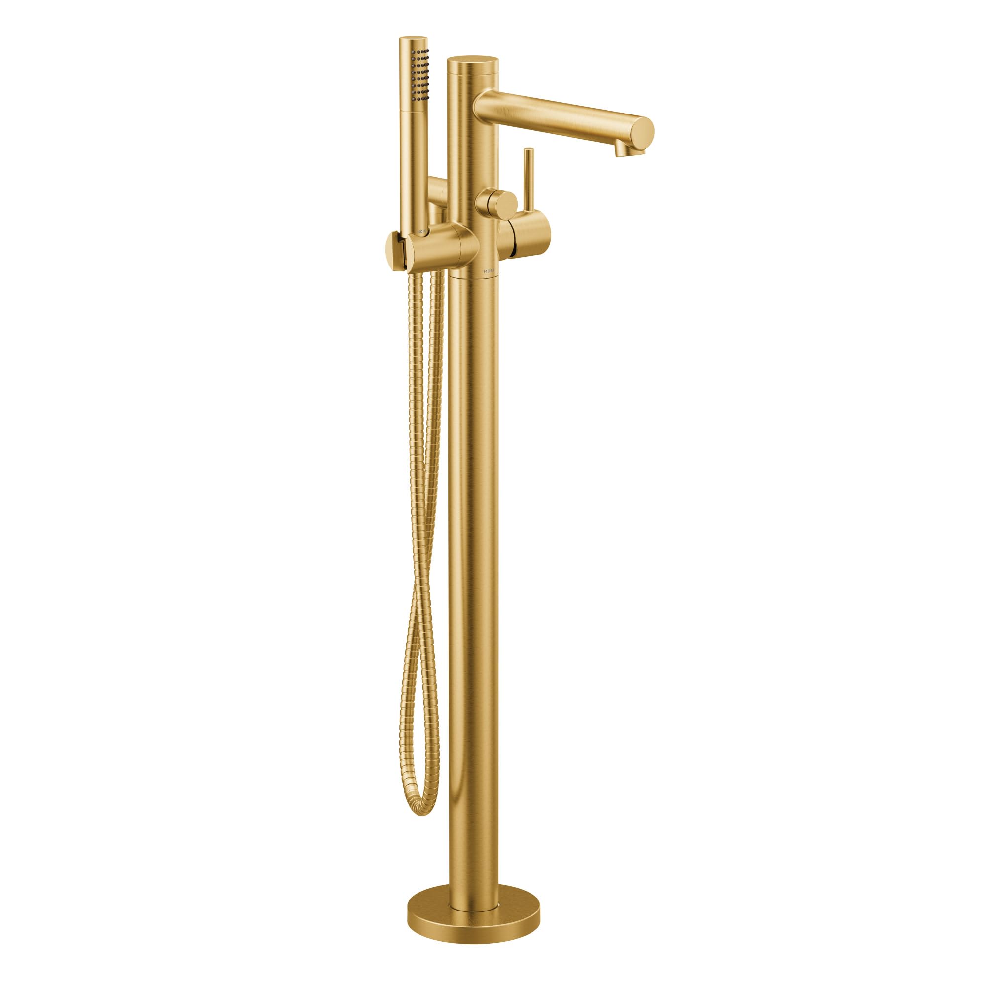 Brushed gold freestanding tub filler with single handle, curved spout, and detachable handshower on hose.