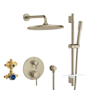 Grohe Timeless brushed nickel shower system with overhead rain head, handheld wand, valve trim, and rough-in body components.