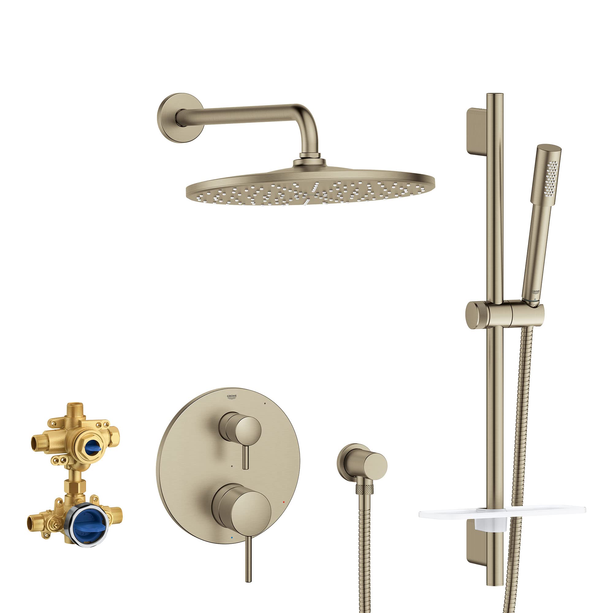 Grohe Timeless brushed nickel shower system with overhead rain head, handheld wand, valve trim, and rough-in body components.
