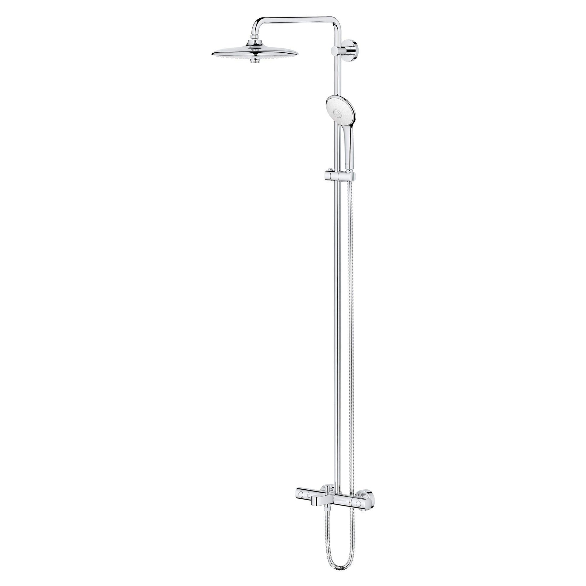 Chrome thermostatic shower system with overhead rain showerhead, handheld sprayer, and vertical pipe mount.