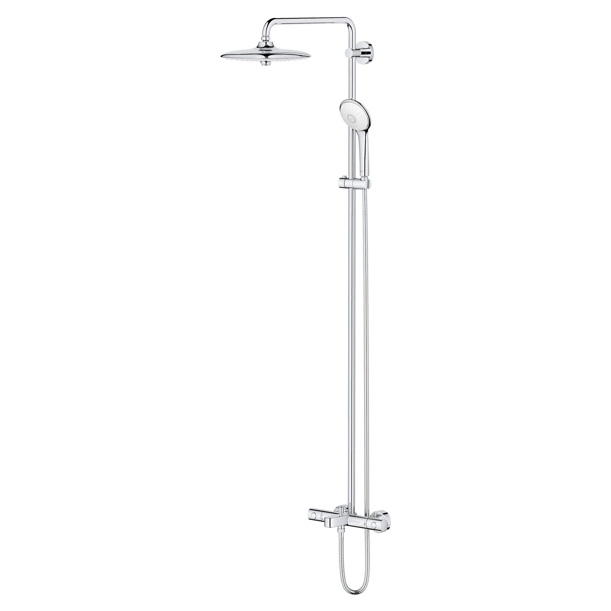 Chrome thermostatic shower system with overhead rain showerhead, handheld sprayer, and vertical pipe mount.